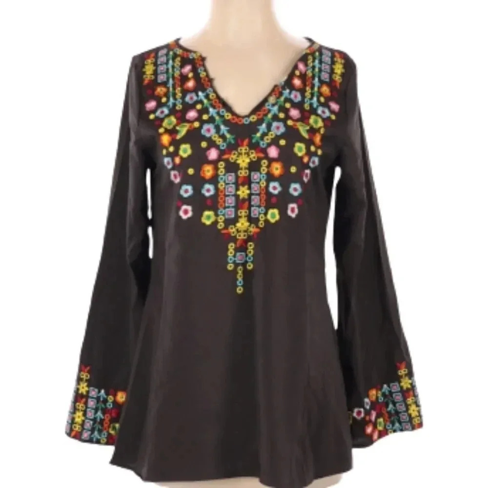 MISSLOOK brown boho embroidered V neck blouse Size Small Festival NWOT